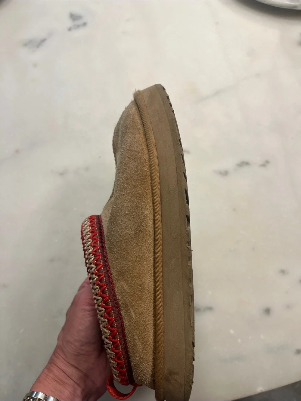 UGG Kids Tan Suede Slip-On Slippers with Red Trim